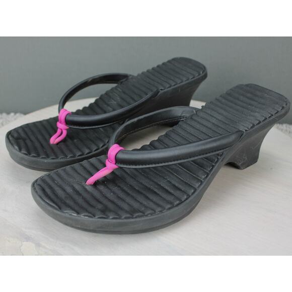 Crocs Cabana Heeled Flip Flops Womens 10 Black Pink Rubber Casual Comfort - Picture 3 of 6